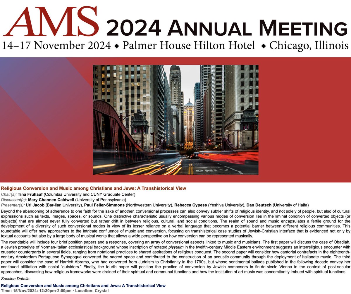Looking forward to an action-packed day at AMS. First up is chairing the panel Religious Conversion and Music among Christians and Jews: A Transhistorical View. See you at 12:30pm local in the Crystal room! #AMS2024 #musicology #conference
