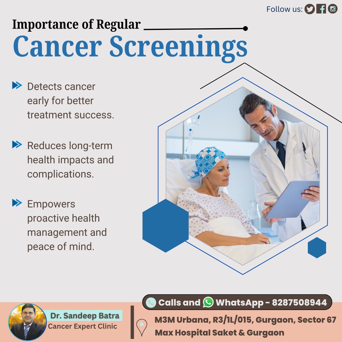 YOURONCOLOGIST's tweet image. Importance of Regular Cancer Screenings:

👨‍⚕️Dr. Sandeep Batra
Consultant:- Cancer Expert
Contact us at 📲8287508944
Visit us 📍M3M Urbana, R3/1L/015, Gurgaon, Sector 67 Max Hospital Saket &amp;amp; Gurgaon

#Drsandeepbatra #Cancerexpert #cancersupport #publicawareness #cancercare