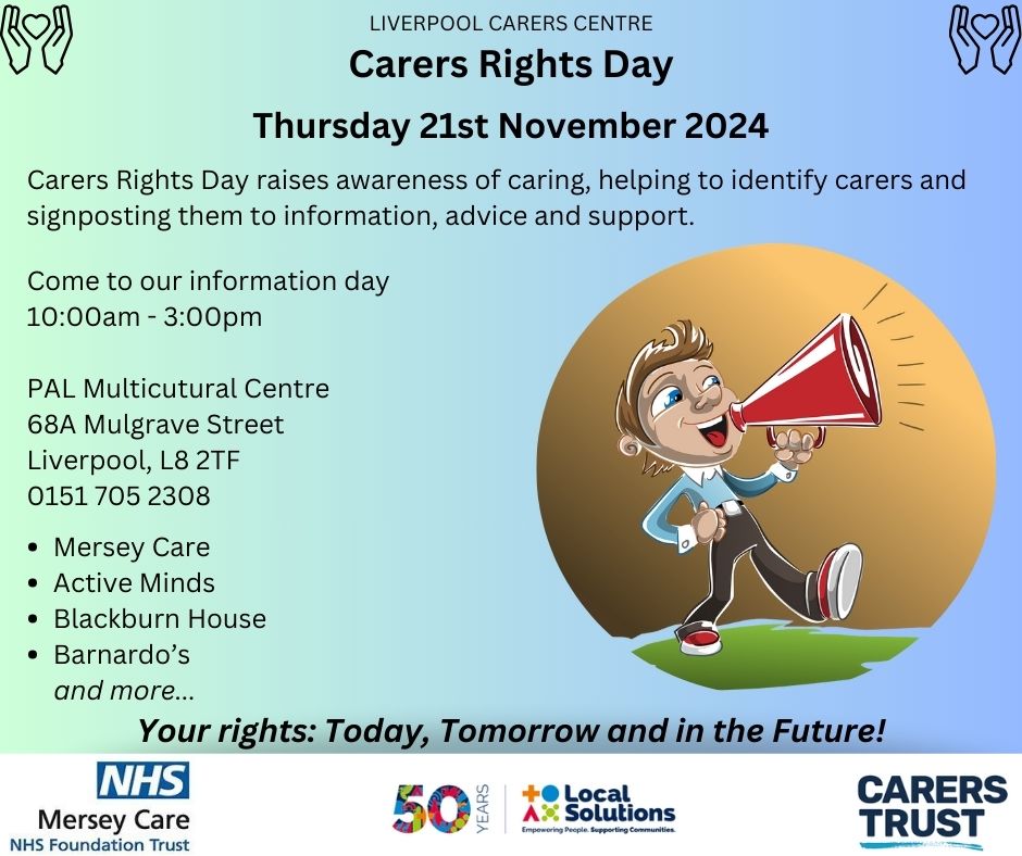 Health & Wellbeing (@livcchealth) on Twitter photo Carers Rights Day 2024 is on Thursday 21st November 📢
Come down to the PAL Centre 😀
<a href="/LivCarersCentre/">LivCarersCentre</a> <a href="/LocalSolutions_/">Local Solutions</a> <a href="/Mersey_Care/">Mersey Care NHS FT 🏳️🌈</a> <a href="/shellsouthern1/">Shelley Southern</a> <a href="/MyTime_LS/">Mytime</a> Carers Rights Day 2024 is on Thursday 21st November 📢
Come down to the PAL Centre 😀
<a href="/LivCarersCentre/">LivCarersCentre</a> <a href="/LocalSolutions_/">Local Solutions</a> <a href="/Mersey_Care/">Mersey Care NHS FT 🏳️🌈</a> <a href="/shellsouthern1/">Shelley Southern</a> <a href="/MyTime_LS/">Mytime</a>