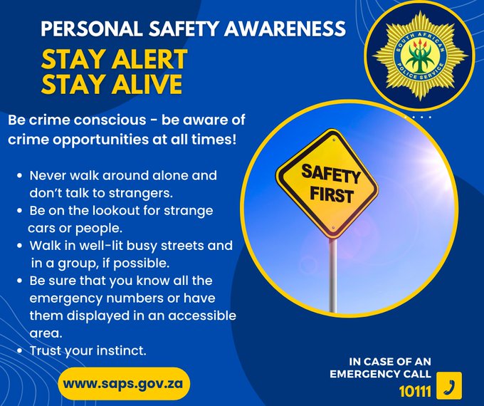 SAPoliceService's tweet photo. #sapsHINT #SafetyFriday While everyone has the Friday feeling, we urge members of the public to continue to stay alert and be aware of crime opportunities at all times. #CrimeAwareness ME https://t.co/y6u1bi2PDc