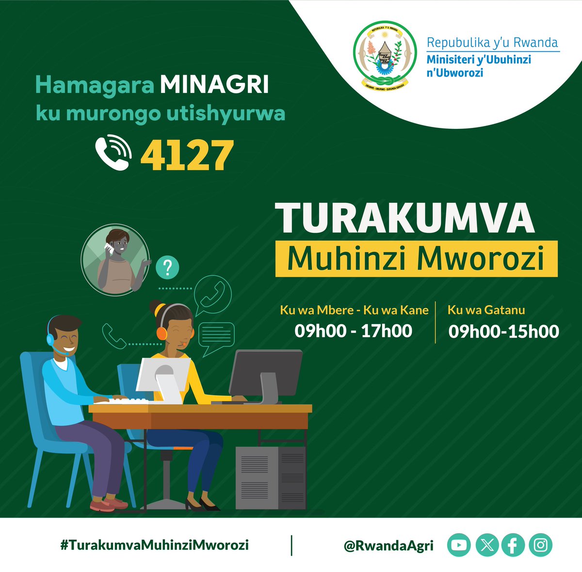 Muhinzi, uyu munsi wibutse gusura umurima wawe? Gusura umurima bifasha umuhinzi gukurikirana ubuzima bw’ibihingwa, no kumenya ko nta byonnyi cyangwa indwara birimo.
Igihe cyose ugize ikibazo, wifuza ubujyanama duhamagare ku murongo utishyurwa 4127. #TurakumvaMuhinziMworozi