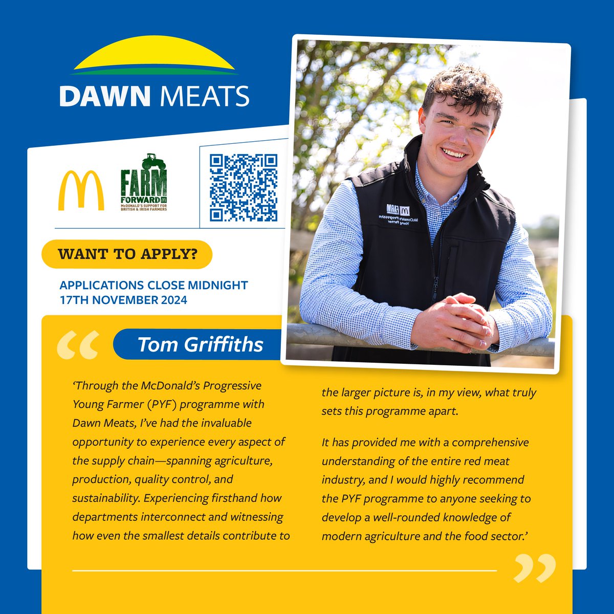 dawnmeatsgroup's tweet photo. Applications for McDonald's Progressive Young Farmer placements close this Sunday 17th November at midnight!👇👨‍🌾
If you’re a student, looking to kick-start your career in the food and farming industry, then apply today!🍔
Scan the QR code or click here: https://t.co/B5spknMxUC... https://t.co/XxNisfQpZx