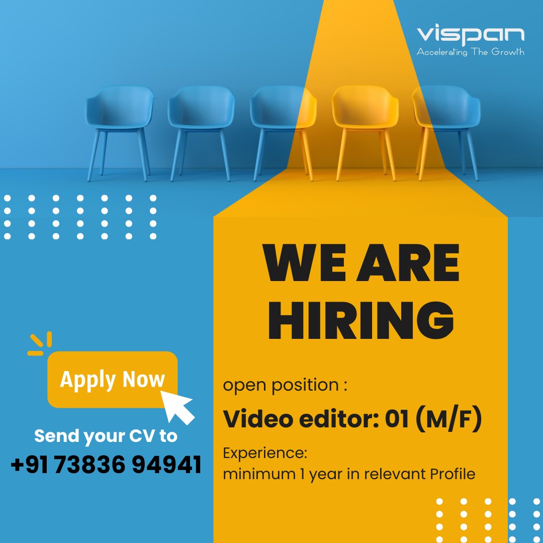 Vispansolutions's tweet image. Join Our Creative Team! 🌟 Vispan is looking for a Video editor. Bring Your Vision to Vispan! Apply now.

#Vispan #vispansolutions #hiringnow #hiring2024 #hiring #vacancy #rajkot #digitalmarkeitngagency