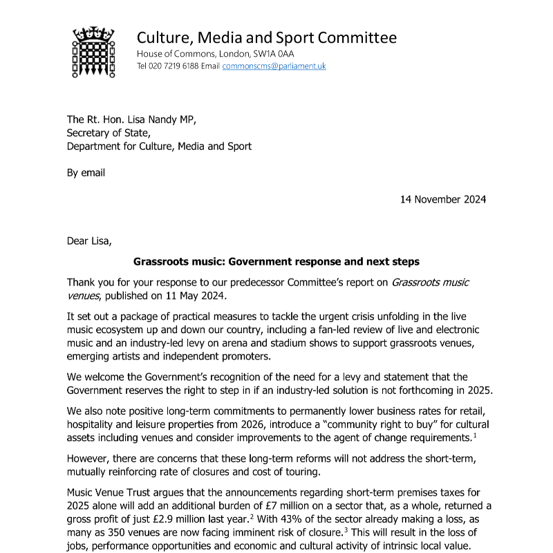 CommonsCMS's tweet photo. Our Chair @cj_dinenage has written to the @DCMS Secretary of State asking her to set a deadline for negotiations on an industry-led levy to support GMVs.
 
Without significant progress, we will invite the sector to appear before us in May 2025 to inform further action.