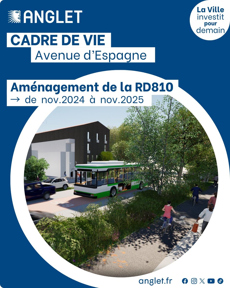 🍀Cadre de vie🪴Avenue d'Espagne #Anglet
👉La RD810 entame sa transformation ce lun.18/11
➡️900m d’avenue entre le carrefour Route de Cazalis et rue de Quesnel
⏰Durée de travaux 1 an
⚒️Construire un boulevard urbain sécurisé
ℹ️+d'infos tinyurl.com/5n733jtw
#VilleAnglet