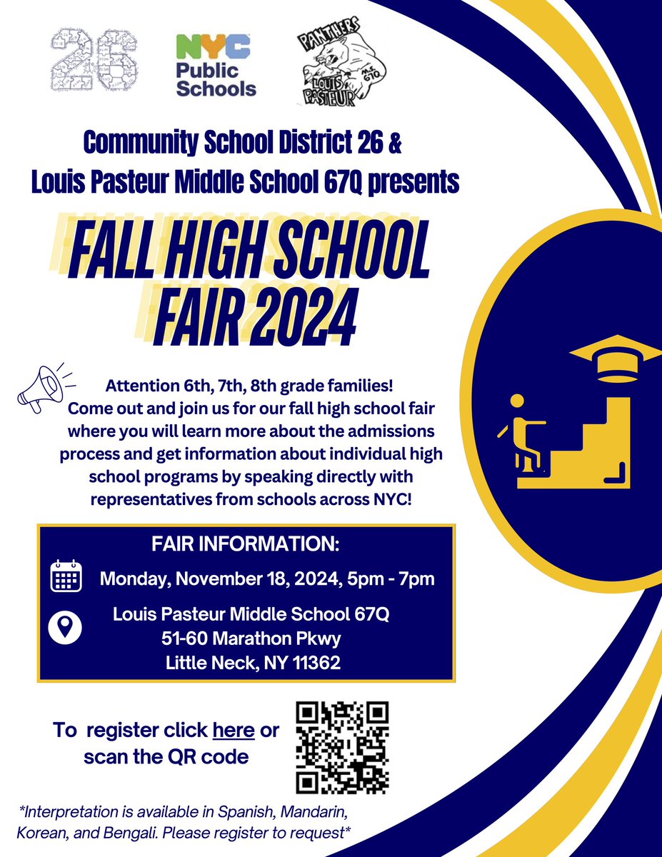 MS67PTA's tweet photo. High school fair at ms67q on Monday from 5-7pm. Please register using the QR code https://t.co/pnGh0Dz6KL