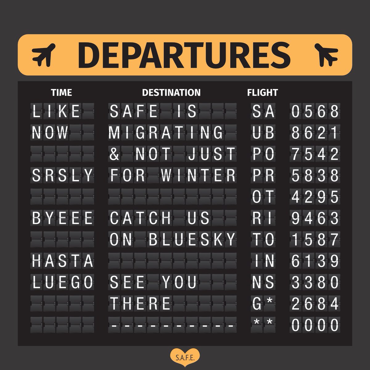 SupportAbort's tweet image. Yes, this is an airport &amp;amp; we&apos;re announcing our departure!

Yes, we&apos;re flouncing in a blaze of glory with our plane&apos;s tail on fire 🛫

See you in the other place 🦋
@supportabort.bsky.social

#LeaveX #leavingx #LeavingTwitter #Bluesky #SAFEabortion #AbortionIsHealthcare