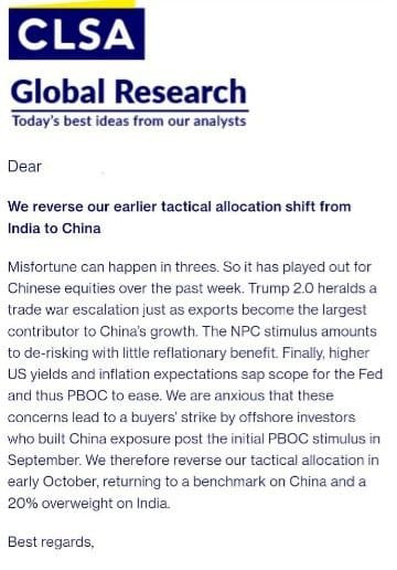 Mr_Chartist's tweet photo. CLSA has reversed its strategy, moving funds away from China and increasing exposure to India. They believe China’s growth outlook is weaker due to rising trade tensions and ineffective economic stimulus. In contrast, CLSA sees India as a stronger investment option, increasing their allocation by 20%. This shift could boost FII investments in India, supporting the Indian market in the short term and potentially driving a rally in Indian stocks.