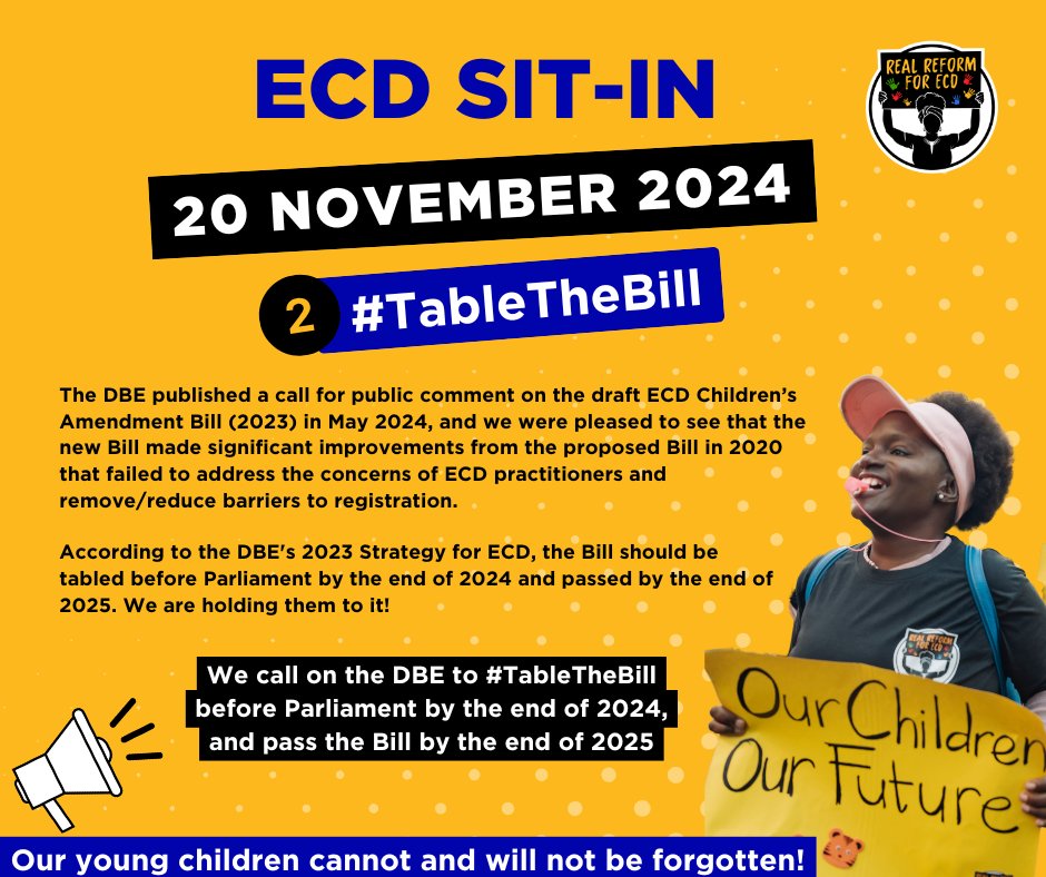 EcdReform's tweet photo. 👀Minister @Siviwe_G , what is the @DBE_SA's plan to table the Children's Amendment Bill (2023) in Parliament by the end of 2024?
The ECD sector is eagerly awaiting the tabling of the Bill that promises to streamline regulatory processes for ECD programmes.
#TableTheBill https://t.co/eJh0KPBsrW