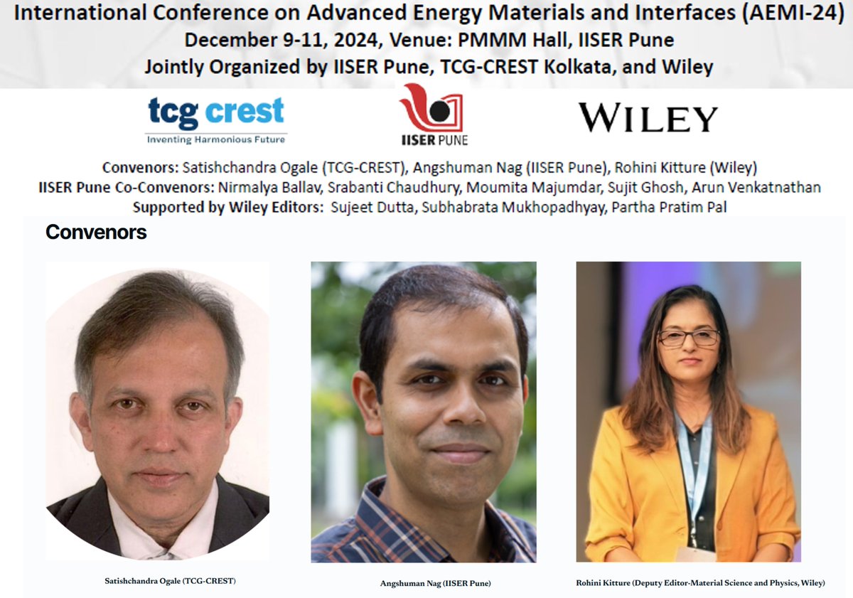 aemi_2024's tweet image. Excited to announce the International Conference on Advanced Energy Materials and Interfaces, 2024 (AEMI-2024), jointly organized by IISER Pune, TCG-CREST Kolkata, and Wiley, to be held at IISER Pune from December 9–11, 2024. Please check advancedenergymaterials2024.com for more info.