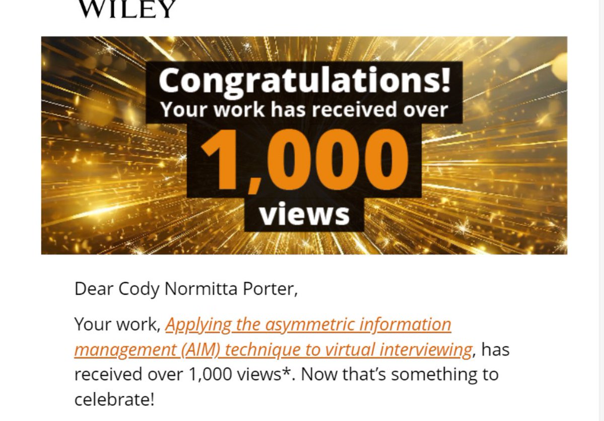 Cody_N_Porter's tweet image. Our research paper on the AIM technique and virtual interviewing has received over 1,000 views since publication! 

Read it by clicking here onlinelibrary.wiley.com/doi/10.1002/ac… #ViewsMilestone