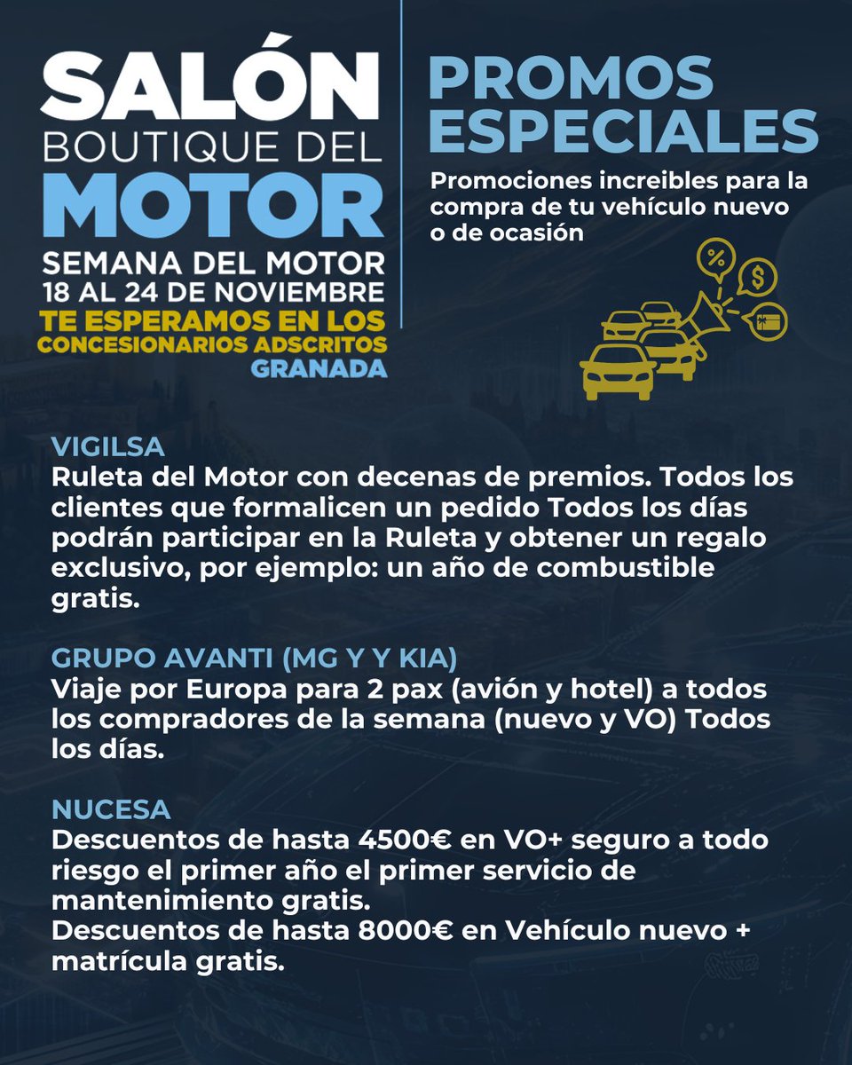 ⚠️𝗣𝗿𝗼𝗺𝗼𝘀 𝗘𝘀𝗽𝗲𝗰𝗶𝗮𝗹𝗲𝘀 𝗾𝘂𝗲 𝘀𝗼𝗹𝗼 𝗲𝗻𝗰𝗼𝗻𝘁𝗿𝗮𝗿𝗮́𝘀 𝗲𝗻 𝗲𝗹 𝗦𝗮𝗹𝗼́𝗻 𝗕𝗼𝘂𝘁𝗶𝗾𝘂𝗲 𝗱𝗲𝗹 𝗠𝗼𝘁𝗼𝗿⚠️

No te pierdas estas promociones increíbles para la compra de tu vehículo nuevo o de ocasión.

#feriadelmotorgranada