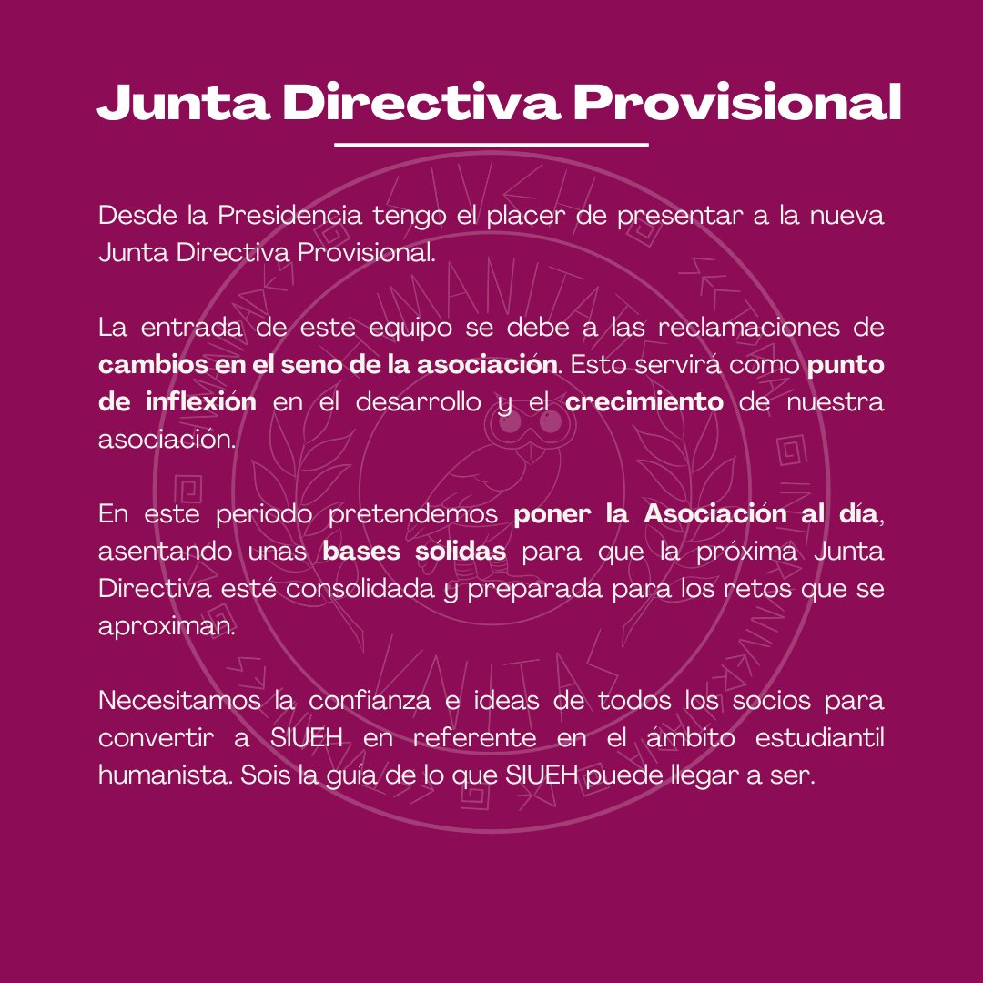 🔴 | Los socios de SIUEH aprobaron en la pasada AGET una serie de cambios en el seno de la asociación.

👥 Por ello, presentamos a la nueva Junta Directiva Provisional que asume el mandato de SIUEH hasta la celebración de elecciones en la próxima AGO.