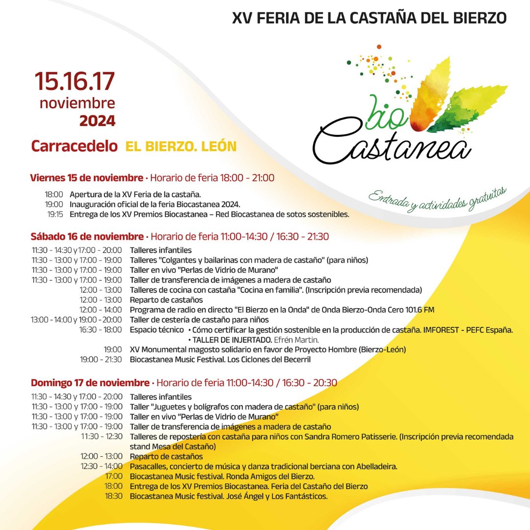Hoy es el último día de #Biocastanea, todavía tienes oportunidad de asistir a los talleres, actuaciones musicales y visita a los stands 🌰

#Biocastanea #Biocastanea24 #Biocastanea2024 #castaña #elbierzo