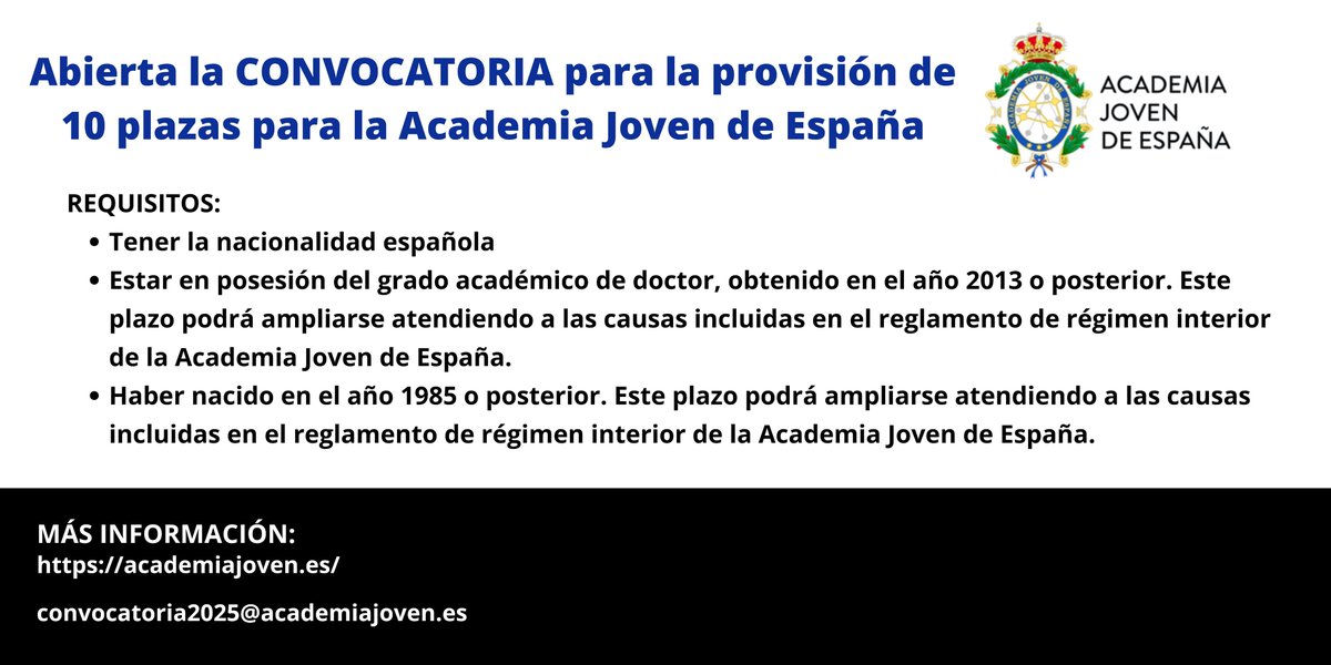 Academia Joven de España (@academia_joven) on Twitter photo Convocatoria 2025 de 10 plazas para la <a href="/academia_joven/">Academia Joven de España</a>
Plazo de inscripción abierto hasta el 28 de febrero (improrrogable)
Más información en:
academiajoven.es
convocatoria2025@academiajoven.es Convocatoria 2025 de 10 plazas para la <a href="/academia_joven/">Academia Joven de España</a>
Plazo de inscripción abierto hasta el 28 de febrero (improrrogable)
Más información en:
academiajoven.es
convocatoria2025@academiajoven.es