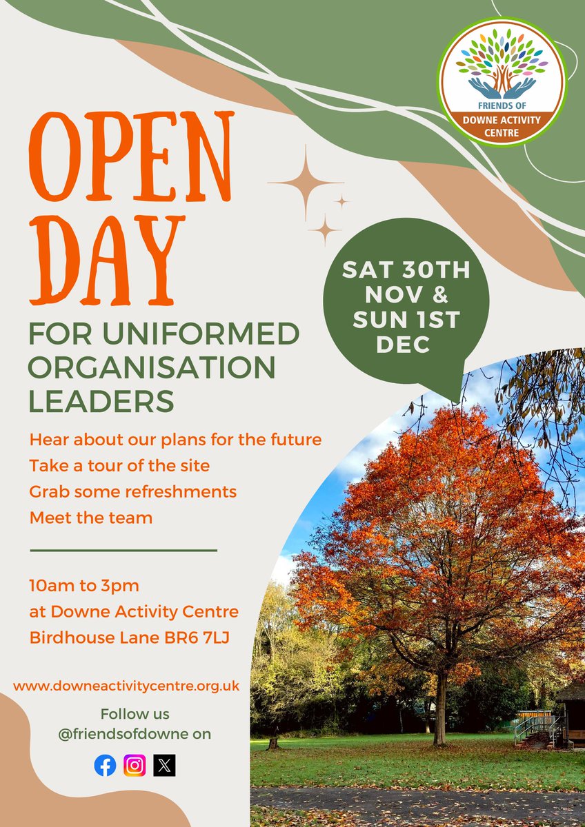 FriendsofDowne's tweet photo. Calling all Uniformed Leaders!  
Join us for our special Open Days on Sat, 30th Nov, and Sun, 1st Dec, from 10am to 3pm.

☑️ Meet the team 
☑️ Take a guided tour of the site  
☑️ Grab some refreshments  
☑️ Hear all about our exciting plans  

We can't wait to see you! https://t.co/6KFyQk2eh8