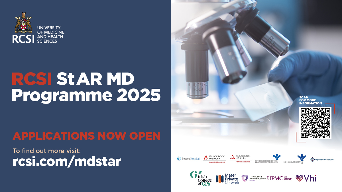 APPLY TODAY!!!
The RCSI StAR MD Programme provides the opportunity to conduct innovative, impactful, translational research in a world-leading university. visit rcsi.com/mdstar for more information and how to apply ahead of tomorrow's deadline