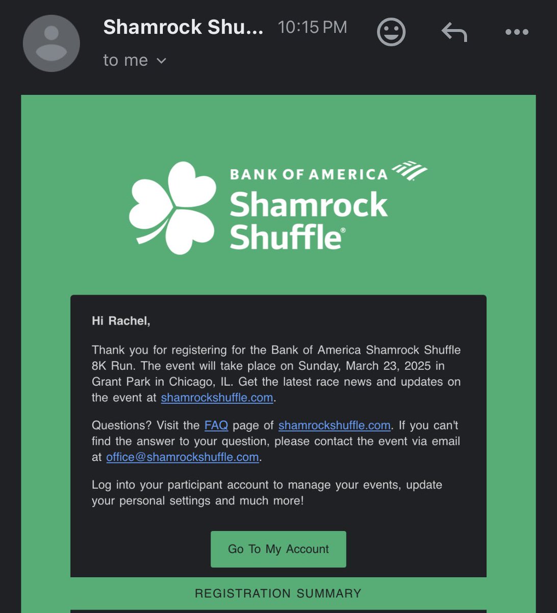 therachelashley's tweet photo. Just signed up for the Chicago shamrock shuffle!!! Super excited. 8k here we come 🫡
If you got any tips let me know!
#chicagoshamrockshuffle #chicagorunning https://t.co/BkEmFbAhIb