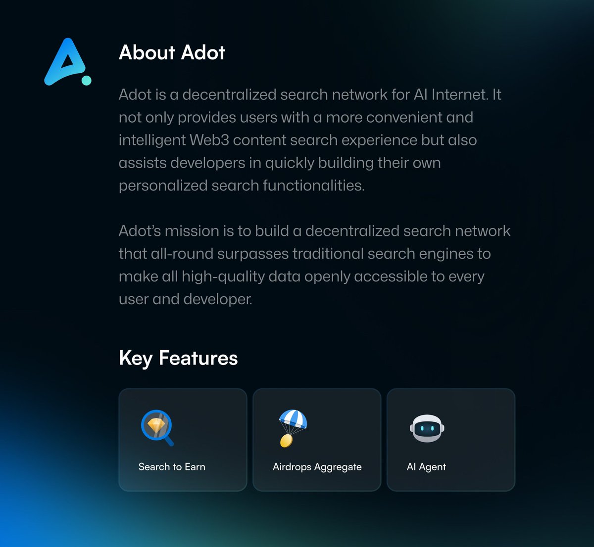 yeneabasi01's tweet image. Discover Web3 like never before with @Adot_web3! 🌟

Search smarter, faster, and safer with AI-powered precision and no data tracking. Your key to exploring decentralized tech starts here. #BuildWithAdot #adot #Web3AI #AIsearch