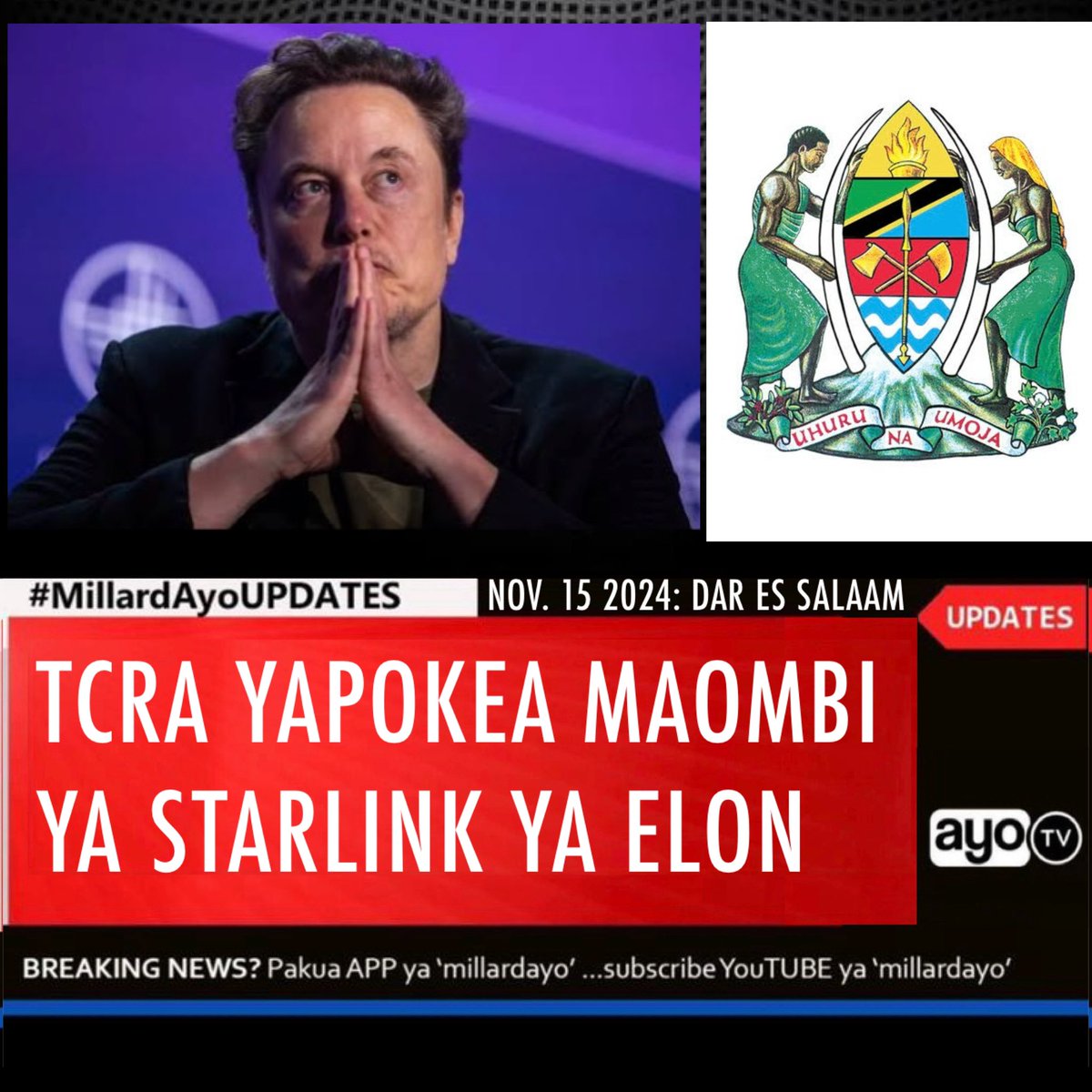 millardayo's tweet photo. Serikali ya Tanzania kupitia Mamlaka ya Mawasiliano Tanzania (TCRA) imesema imepokea maombi ya leseni chini ya mfumo wa leseni kutaniko kutoka kwa Waombaji watatu wakiwemo Starlink Satellite Tanzania Limited kampuni inayomilikiwa na Tajiri namba moja Duniani ambaye ni Boss wa Makampuni ya SpaceX, Tesla na X (zamani Twitter), Elon Musk, ambaye ameomba leseni ya kitaifa ya miundombinu na  leseni ya kitaifa ya huduma ya mifumo tumizi na kwenye taarifa hiyo Wanahisa wa kampuni hiyo wanatajwa kuwa ni Starlink Holdings Netherlands B.V na SpaceX Netherlands B.V.

Taarifa iliyotolewa leo November 15,2024 na Mkurugenzi Mkuu wa TCRA, Dkt. Jabir Bakari, imesema “Kwa mujibu wa kifungu cha 8 cha Sheria ya Mawasiliano ya Kieletroniki na Posta, Sura 306 ya sheria za Tanzania, maoni ya kimaandishi yanakaribishwa kutoka kwa yeyote kuhusiana na utoaji wa leseni kwa waombaji yafike TCRA ndani ya siku 14 tangu siku ya kutoka tangazo hili, maoni yatakayopokelewa yatazingatiwa na TCRA itakapokuwa inayafanyia kazi ombi hili”

Itakumbukwa February 24,2024 aliyekuwa Waziri wa Habari, Teknolojia ya Habari na Mawasiliano, Nape Nnauye alisema Serikali ya Tanzania imeshatoa majibu kwa kampuni ya Starlink na vikao vinaendelea ili wakamilishe documents na waruhusiwe kuanza huduma zao Tanzania na kusema hakuna ukweli kwamba Starlink wanahujumiwa.

Waziri Nape alitoa kauli hiyo baada ya Elon Musk kusema kilichobaki kwenye mpango wake wa kuuleta mradi wa Starlink Tanzania ni kibali tu kutoka kwenye Serikali ya Tanzania ambapo Nape alinukuliwa akisema "Nchi ina sheria katika kusajili Watoa huduma za mawasiliano, Starlink walijaza maombi yao November mwaka jana na kuna vikao vilfanyika, ndio maana Elon alipotweet nikasema nadhani unakumbuka Mamlaka za Tanzania zilikutaka tume document na vikao vinaendelea, sisi kama Wasimamizi wa Sekta wakikamilisha document zao wanapewa tu kibali"

"Nashangaa Watanzania wanakuja juu 'unajua huyu kapewa hela, huyu kafanya hivi, wanataka kumuhujumu (Elon), huyu kafanya vile', Mimi nadhani sio sawa, kasema hadharani sisi tumesema hadharani, na kuna vikao vinaendelea, wakikamilisha wataruhusiwa hatuna sababu ya kuwazuia"
#MillardAyoUPDATES
