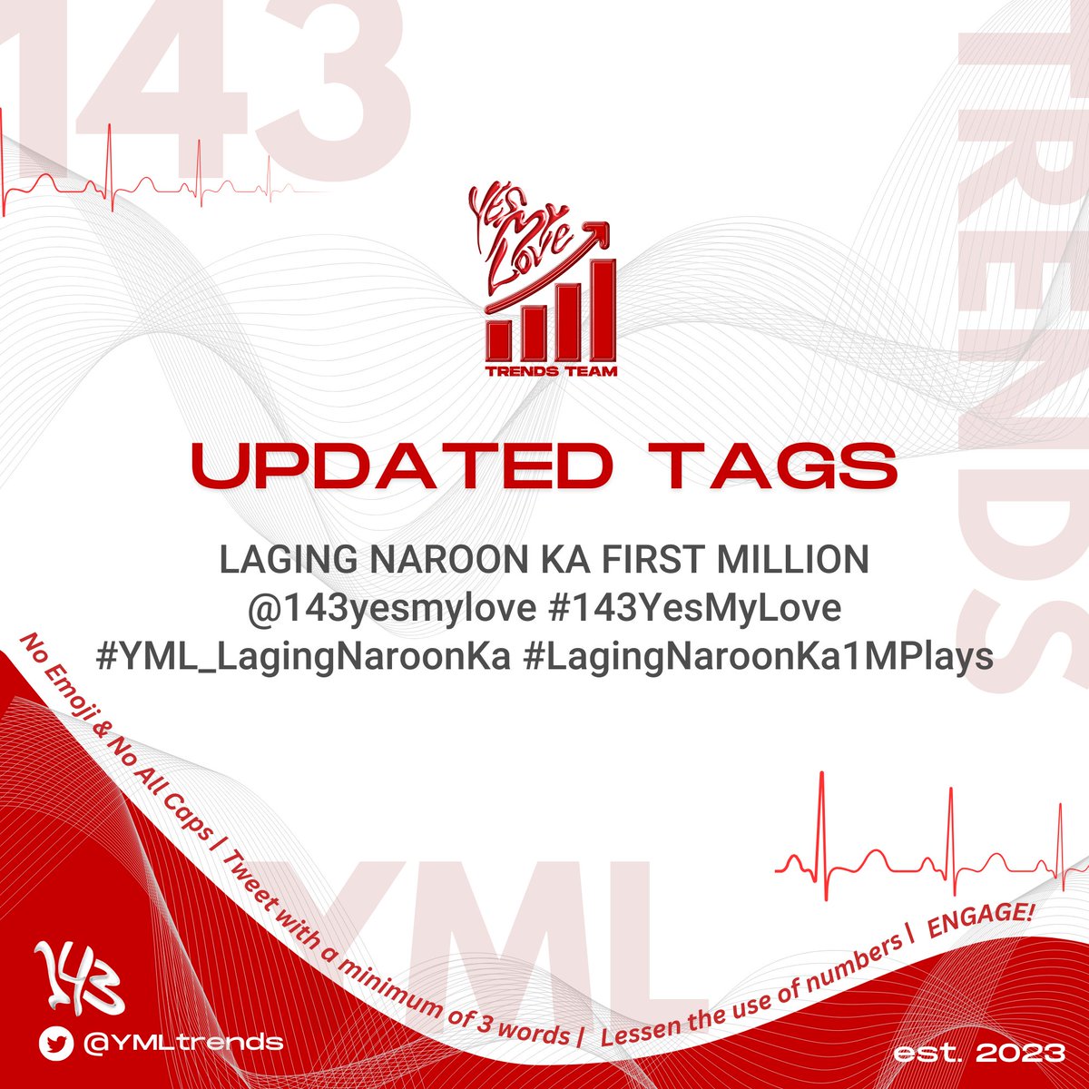 [TAG UPDATE]

Yes My Love's first track, "Laging Naroon Ka" from the You, Me, &amp; Love EP just hit 1 MILLION PLAYS on YouTube Music! 🎉

Let's celebrate with the tags below. ❤️‍🔥

LAGING NAROON KA FIRST MILLION
<a href="/143yesmylove/">Yes My Love</a> #143YesMyLove
#YML_LagingNaroonKa #LagingNaroonKa1MPlays