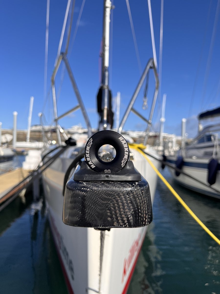 Harken Lead Rings: simple, aluminium, weight-saving devices used to lead line for jib in-haulers, twings, barberhaulers, Lazy Jacks, cascading backstays and other applications requiring minimal fine-tune adjustments. Image captured by Guernsey Yacht Rigging.

#Harken #HarkenUK