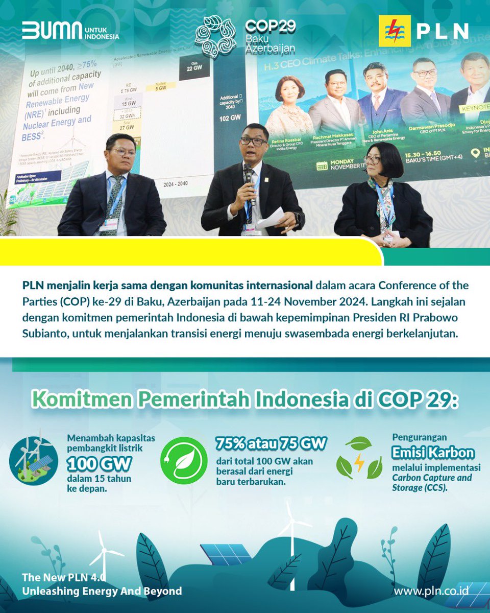 Sakt96's tweet photo. Electrizen, PLN berkolaborasi dengan komunitas global dalam Conference of the Parties (COP) Ke-29 yang digelar di Baku, Azerbaijan, pada 11-24 November 2024. Langkah ini sebagai upaya PLN mendukung komitmen Indonesia dalam transisi energi berkelanjutan.

#PLN https://t.co/OW1J9B93UK