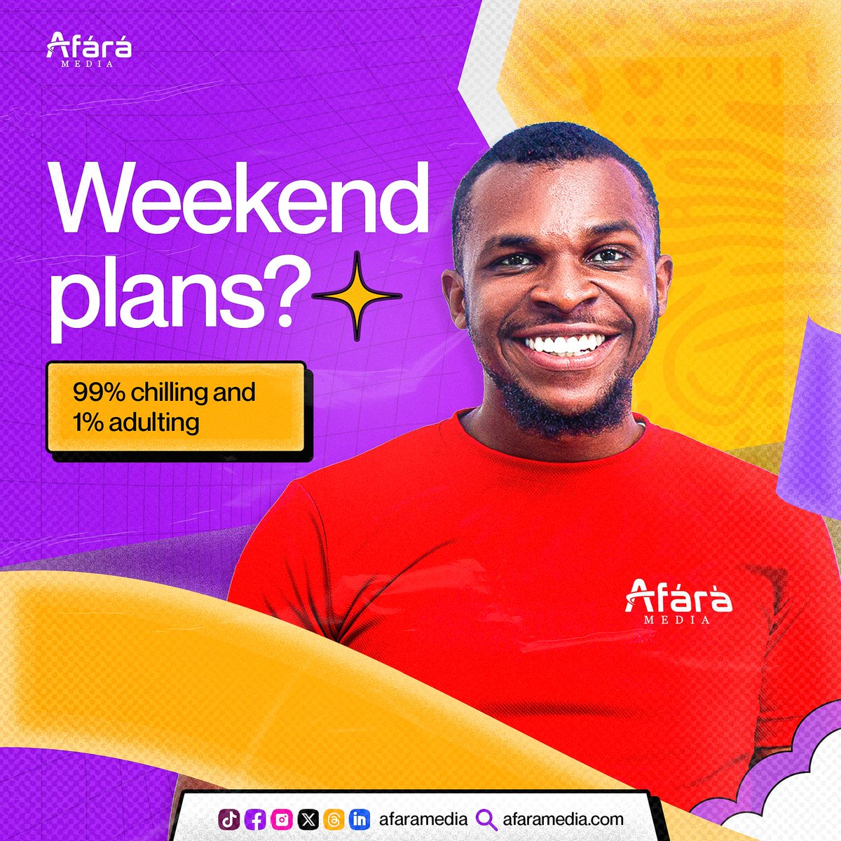 afaramediaco's tweet photo. Weekend mode activated😊. What are your plans for the weekend? Share with us.

#AfáráMedia #TGIF https://t.co/9wMEcmhU6U