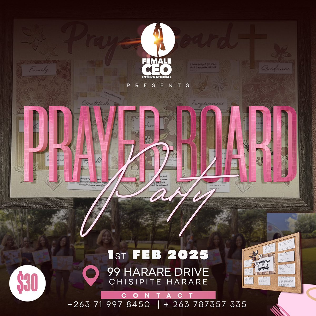 ms_tynoe's tweet photo. Join us for a Prayer Board Party!

📅 1 Feb 2025  
🕒 14:00 - 16:00  
📍 99 Harare Drive, Chisipite  

Join us for an afternoon of prayer, fellowship &amp;  inspiration! Let's lift each other up and create our prayer boards together.

Let's come together in faith and fellowship. https://t.co/hCghjE4q0O