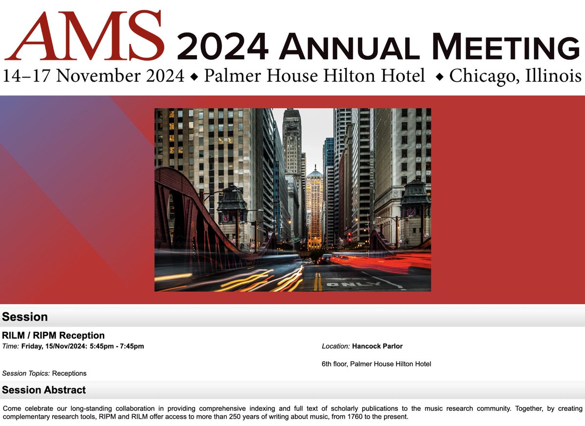 After a long day of presenting and being inspired by the music research of your friends and colleagues, take some time to decompress. At 5:45 pm in the Hancock Parlor, we'll be joined by RIPM for an annual reception we always look forward to. See you soon! #AMS2024 #partytime