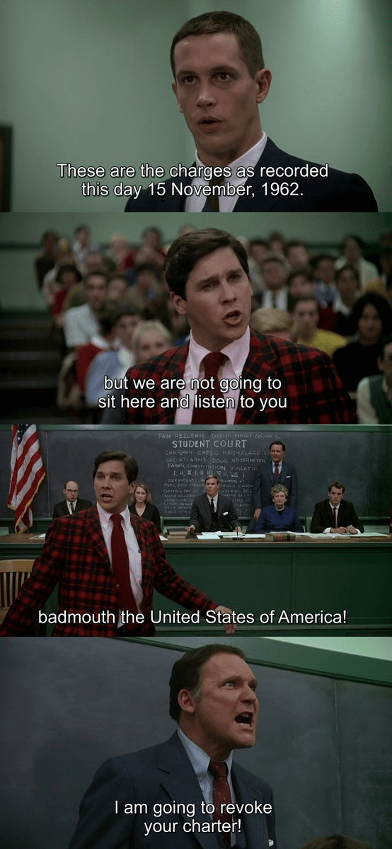 Nov 15th 1962 - A disciplinary hearing was held against Delta Fraternity. Otter led the fraternity out of the hearing after giving a rousing speech. 

📽️📅 Animal House (1978)