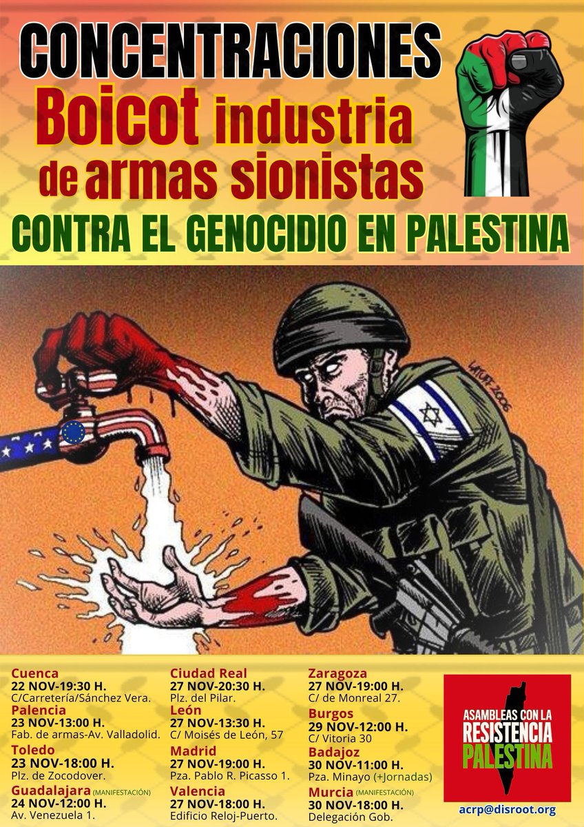 📢 ¡Nos unimos por Palestina! 🇵🇸

⭕️ Desde Asambleas con la Resistencia palestina, hacemos un llamamiento a participar en las distintas concentraciones que tendrán lugar del 22 al 30 de noviembre en los siguientes territorios ⬇️
fe.disroot.org/notice/Ao48v95…
👉 <a href="/acrp_palestina/">Asambleas por Palestina 🇵🇸</a>
#🇵🇸