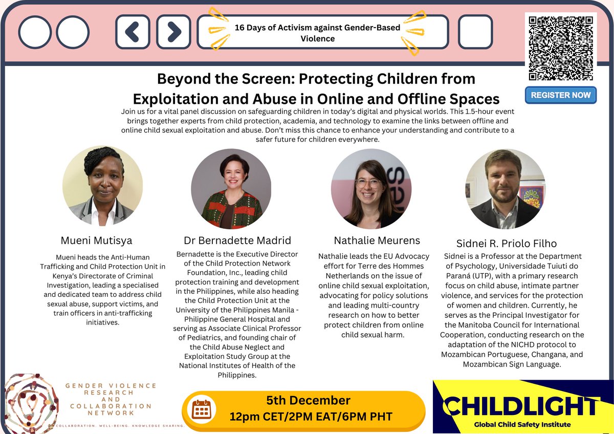 🔒 Join us to Protect Children from Exploitation &amp; Abuse in Online &amp; Offline Spaces 
In partnership with <a href="/Childlight_/">Childlight - Global Child Safety Institute</a> , global experts unite to discuss strategies &amp; solutions for child safety.
📅 5th Dec | ⏰ 12pm CET
[Register here: tinyurl.com/36xzd25u ]
#16DaysOfActivism