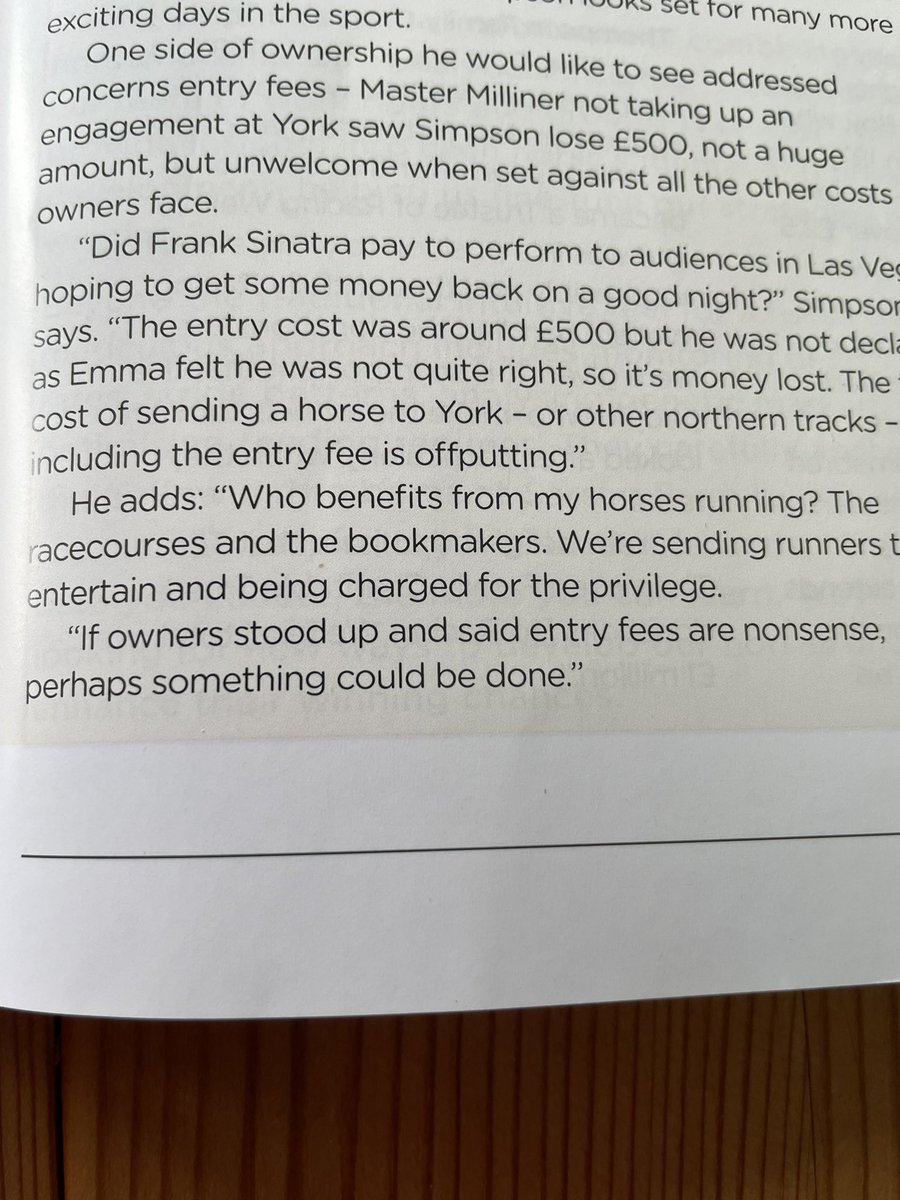 Got around to reading Septembers OB mag. And this from Bill Simpson resonated. Bill points out the obvious. Owners pay an entry fee for other people’s benefit? How is that right? Racehorse ownership = death by a thousand fees!  <a href="/RacehorseOwners/">Racehorse Owners Association</a> <a href="/BHAHorseracing/">British Horseracing Authority</a>