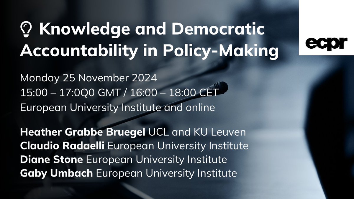 European Consortium for Political Research (@ecpr) on Twitter photo ✨ #ECPRHouseSeries by <a href="/EPSJournal/">European Political Science Journal</a> ✨
🤝🏽 Collaboration with <a href="/STGEUI/">School of Transnational Governance</a>
💡 Knowledge and Democratic Accountability in Policy-Making
📅 Mon 25 Nov, 16:00–18:00 CET
📍 <a href="/EUI_EU/">European University Institute</a> & Online
🗣️ <a href="/HeatherGrabbe/">Heather Grabbe</a> @ProfCRadaelli Diane Stone <a href="/gaby_um/">gaby umbach</a>
🪑 <a href="/stella_ladi/">Stella Ladi</a>
👉🏽ecpr.eu/Events/309 ✨ #ECPRHouseSeries by <a href="/EPSJournal/">European Political Science Journal</a> ✨
🤝🏽 Collaboration with <a href="/STGEUI/">School of Transnational Governance</a>
💡 Knowledge and Democratic Accountability in Policy-Making
📅 Mon 25 Nov, 16:00–18:00 CET
📍 <a href="/EUI_EU/">European University Institute</a> & Online
🗣️ <a href="/HeatherGrabbe/">Heather Grabbe</a> @ProfCRadaelli Diane Stone <a href="/gaby_um/">gaby umbach</a>
🪑 <a href="/stella_ladi/">Stella Ladi</a>
👉🏽ecpr.eu/Events/309