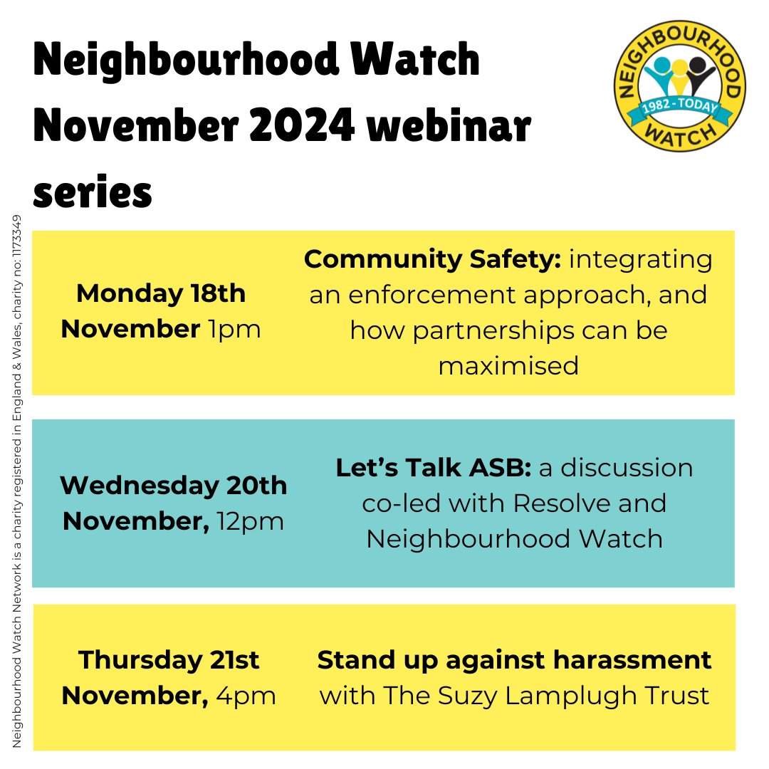 Make sure you're booked onto one (or more!) of our webinars taking place next week 👇

We'll be welcoming Newham Council, <a href="/resolveasb/">ResolveASB</a> &amp; <a href="/live_life_safe/">Suzy Lamplugh Trust</a> to deliver insightful, engaging discussions around a variety of crime &amp; safety topics.

👉Register now: ourwatch.org.uk/webinars