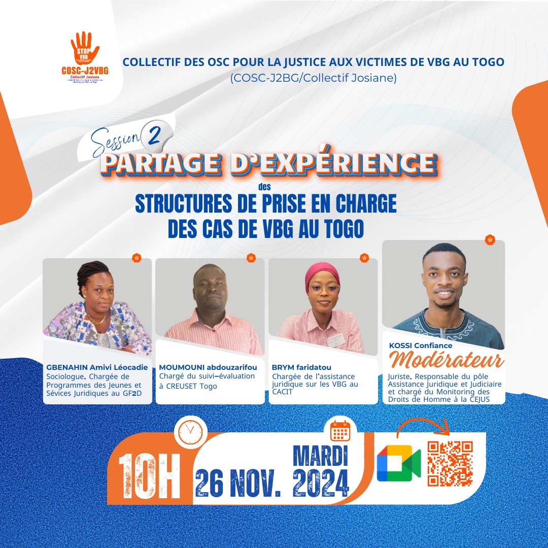 AifjlA's tweet photo. #SaveTheDate et rejoignez à la 2ème session du Collectif des Organisations de la Société Civile pour la Justice aux Victimes de Violences Basées sur le Genre (COSC- J2VBG) 
 📆 Date: 26 Novembre 2024
 ⏰ Heure: 10h00 - 12h30
#StopGBV https://t.co/koaSAiIynG