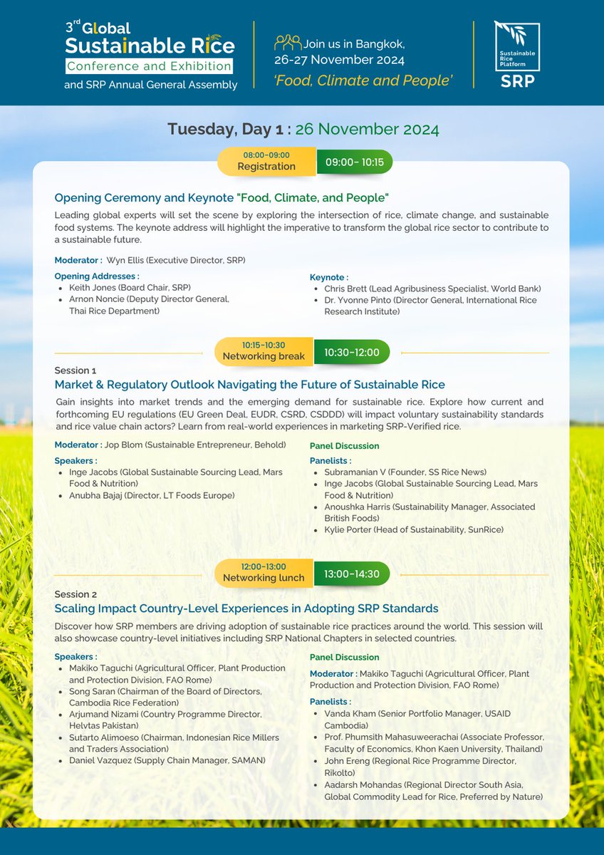SRP_Rice's tweet photo. 🌾 Countdown to the 3rd Global Sustainable Rice Conference – Register Today!

The updated program is here! Join us on 26-27 Nov 2024 in Bangkok to explore insights, innovations, and strategies for sustainable rice.

🔗 Register now: https://t.co/iPY9Rjhgel

#SRPConference2024 https://t.co/N1lDzE4YtL