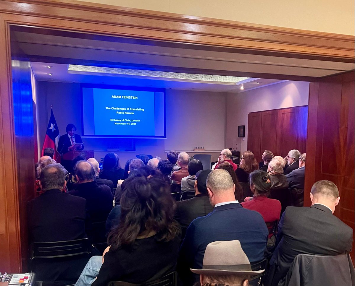 Last night we celebrated 100 years of #PabloNeruda’s “20 Love Poems and a Song of Despair” with a packed room and amazing speakers: <a href="/AdamFeinst/">Adam Feinstein</a> , Dr. Dominic Moran (Oxford), and Prof. @Sarah100Wright (Royal Holloway). Thanks to all who joined us to reflect on Neruda’s legacy! 📕