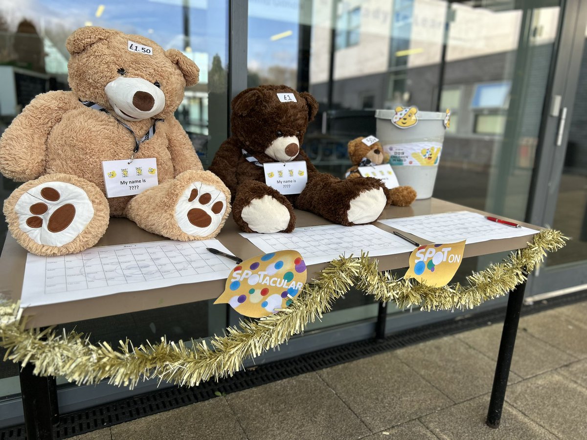 Children in need is very much underway at Llanwern, lots of pupils were trying to guess the bears names! And there is lots more to come over the course of the day🫶🏼

What would names would you guess❓
