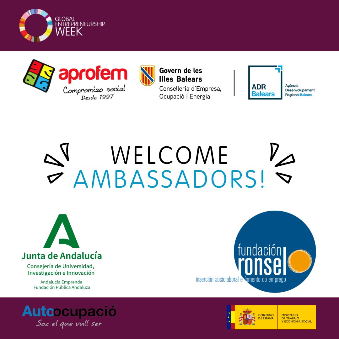 GEW Spain (@gewspain) on Twitter photo 🤝 ¡Bienvenidos, embajadores del GEW 2024! 🌟
Queremos dar las gracias a nuestros increíbles embajadores: @aprofemorg, <a href="/adr_balears/">ADR Balears</a>, <a href="/aemprende/">Andalucía Emprende</a>, <a href="/fundacionronsel/">fundación ronsel</a> y <a href="/autoocupacio/">Autoocupació</a> por ser parte fundamental del Global Entrepreneurship Week Spain. 💡🌍
#GEW2024 #EspírituEmprendedor 🤝 ¡Bienvenidos, embajadores del GEW 2024! 🌟
Queremos dar las gracias a nuestros increíbles embajadores: @aprofemorg, <a href="/adr_balears/">ADR Balears</a>, <a href="/aemprende/">Andalucía Emprende</a>, <a href="/fundacionronsel/">fundación ronsel</a> y <a href="/autoocupacio/">Autoocupació</a> por ser parte fundamental del Global Entrepreneurship Week Spain. 💡🌍
#GEW2024 #EspírituEmprendedor