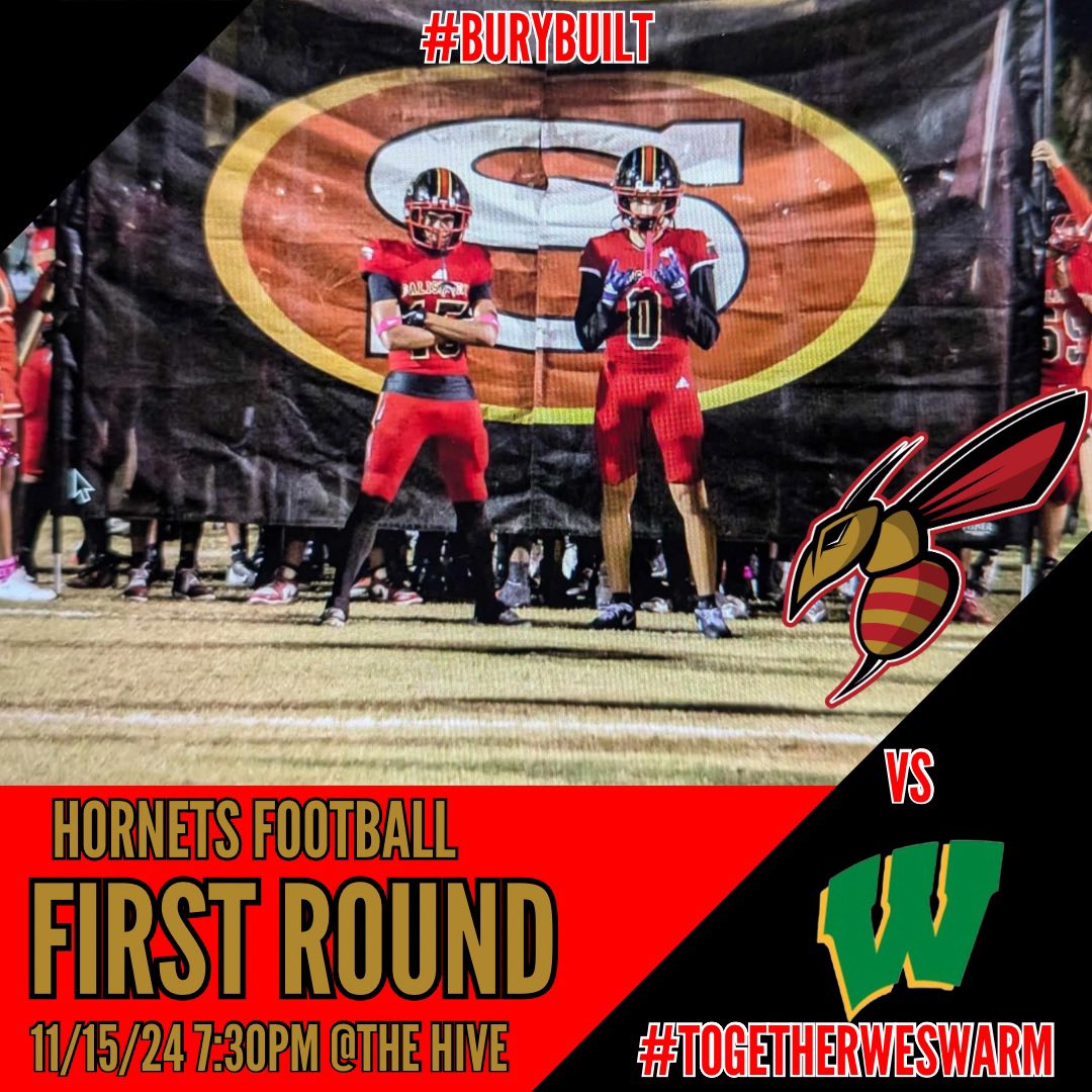 SHS_Hornets's tweet photo. Let’s pack The Hive tonight as our quest for another state championship begins! Gates open at 6pm! #TogetherWeSwarm #burybuilt @Bury_HornetsFB https://t.co/3InjSKmxzO