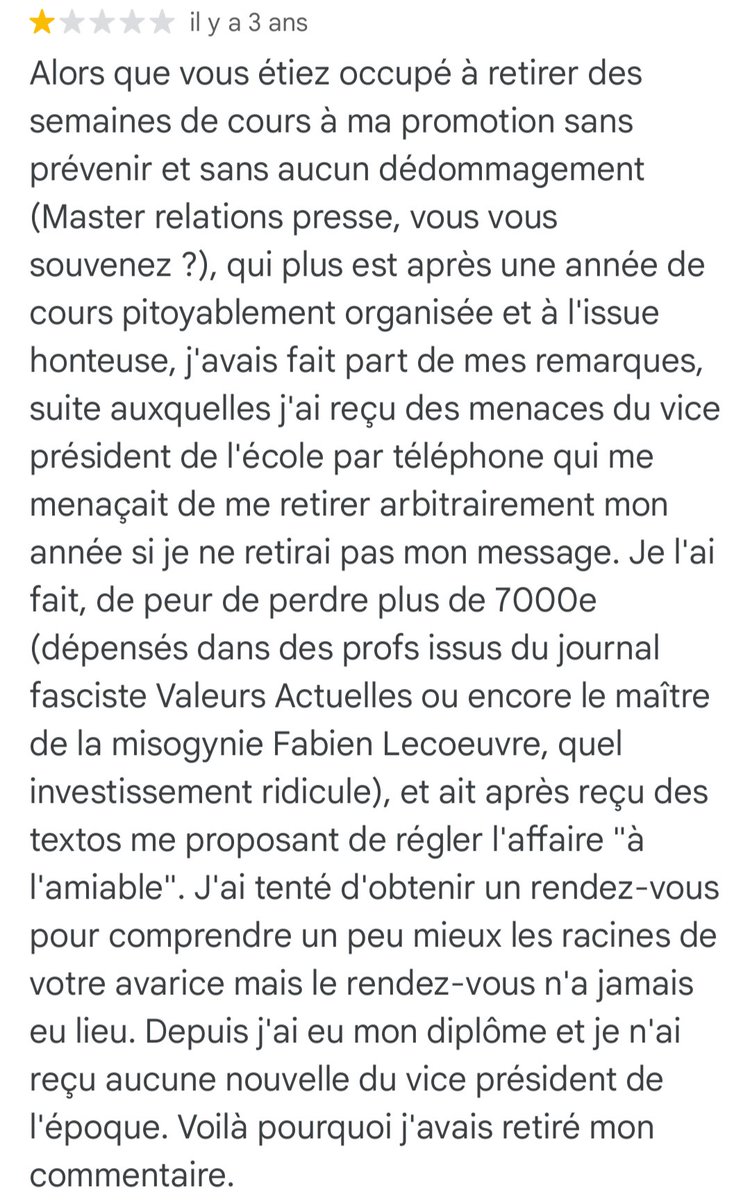 popculthur's tweet photo. J'ai été à l'ESJ Paris. Cette nouvelle fait pitié, mais c'était déjà un sacré nid à merde avant. Ci-dessous mon avis Google 👇 https://t.co/cC6j8sBU13