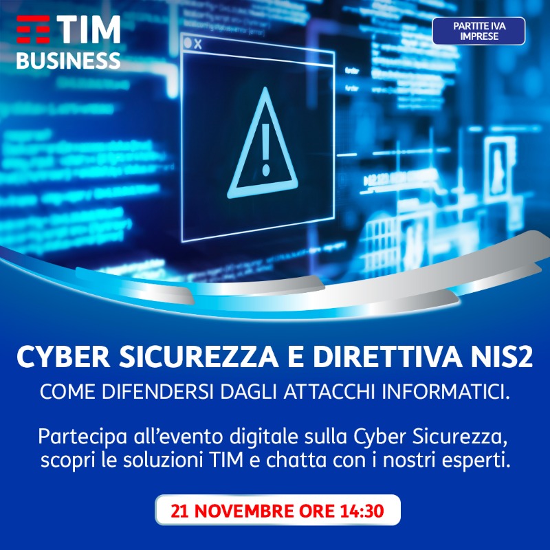 TIM_Official's tweet photo. #Cybersicurezza e direttiva #NIS2 nelle PMI Italiane.
Partecipa all'evento digitale e scopri le soluzioni #TIMBusiness per prevenire e difendersi dagli attacchi informatici.
Iscriviti gratuitamente e prendi parte all'evento il 21 novembre dalle ore 14:30. #LaForzaDelleConnessioni
