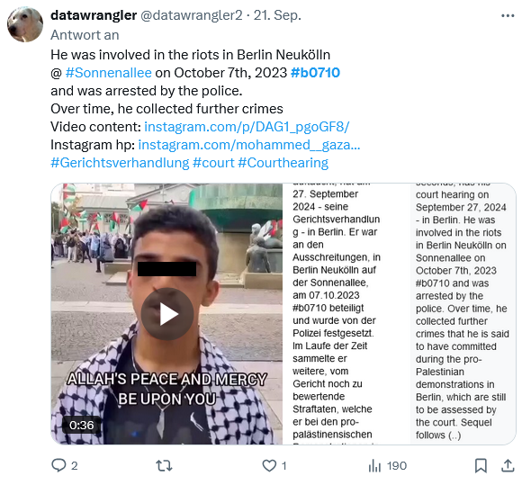 datawrangler2's tweet photo. Quelle:
instagram(dot)com/p/DCYtnC3s-Ab/ & instagram(dot)com/p/DCTiwM5ixtb/?img_index=2
Gerichtsverhandlung vor dem Amtsgericht Tiergarten wegen Riots/Ausschreitungen a.d.#Sonnenallee v.#b0710 - 07. Okt 2023
(Doppel)Termin am 19. & 21. November 2024 #b1911 #b2111
Nulla clementia! https://t.co/m1i9ecXVD1
