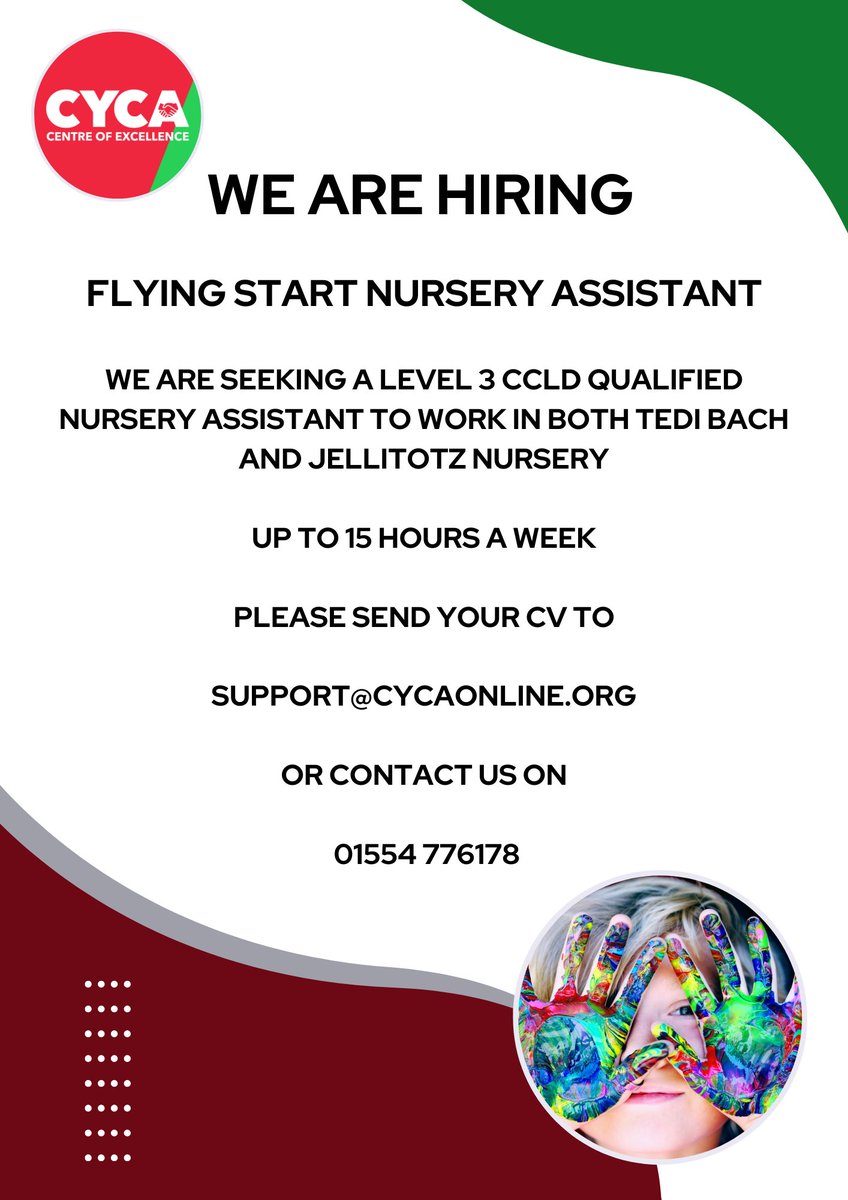 CYCA - Connecting Youth, Children & Adults (@cycallanelli) on Twitter photo CYCA are hiring!
We are seeking a level 3 CCLD Qualified Nursery Assistant to work in both Tedi Bach and Jellitotz Nursery.
Up to 15 hours a week
Please send your CV to support@cycaonline.org or ring 01554 776178 for further information. CYCA are hiring!
We are seeking a level 3 CCLD Qualified Nursery Assistant to work in both Tedi Bach and Jellitotz Nursery.
Up to 15 hours a week
Please send your CV to support@cycaonline.org or ring 01554 776178 for further information.