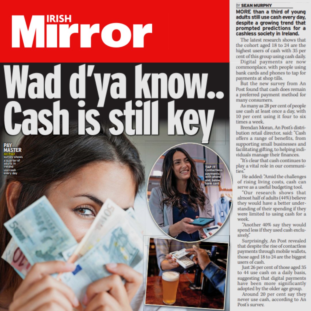 18-24-year-olds are the highest users of cash in Ireland 💰

New research from An Post has revealed that despite the rise of contactless payments through mobile wallets,  35% of young adults aged 18-24 reported that they use cash daily.