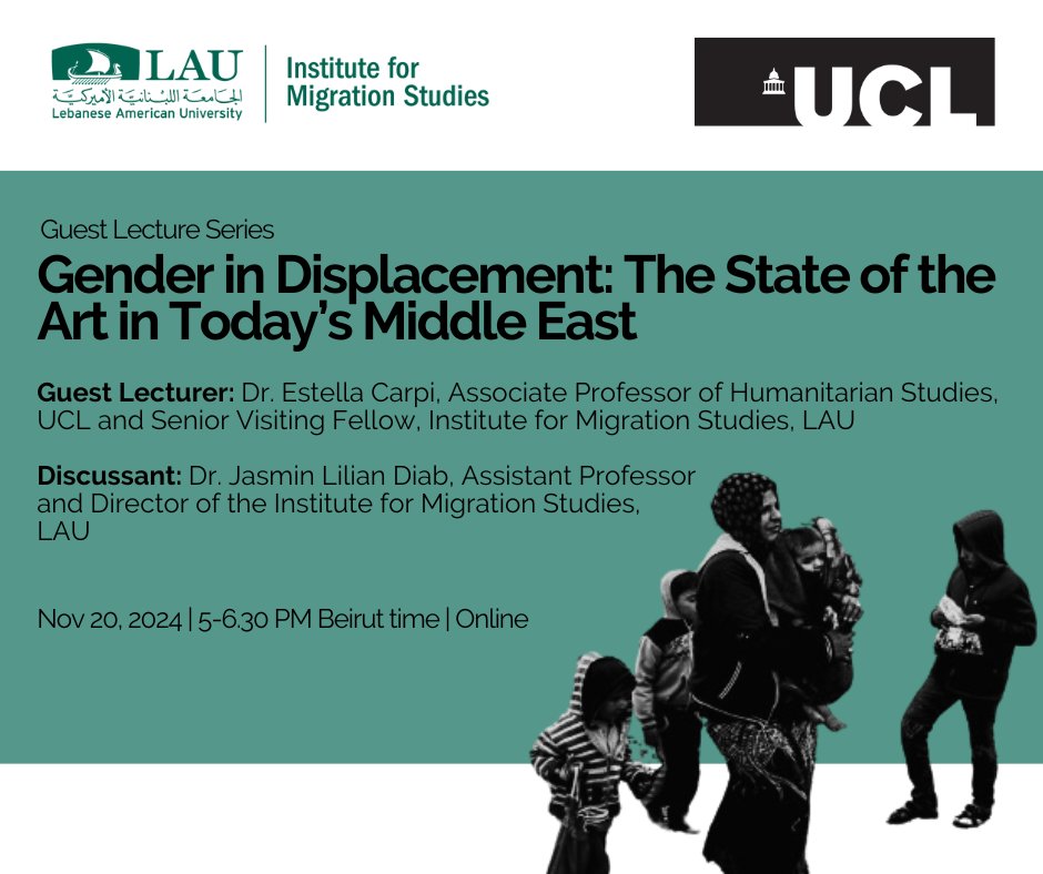 Jasmin Lilian Diab (@jasminldiab) on Twitter photo We're looking forward to having our Senior Visiting Fellow, <a href="/ucl/">UCL</a>'s Dr. <a href="/estycrp/">Estella w bas</a>, give a guest lecture as part of our series next week.
Our series is open to the public.
To join: lau.webex.com/meet/jasminlil…
For info: tala.abdulghani@lau.edu.lb We're looking forward to having our Senior Visiting Fellow, <a href="/ucl/">UCL</a>'s Dr. <a href="/estycrp/">Estella w bas</a>, give a guest lecture as part of our series next week.
Our series is open to the public.
To join: lau.webex.com/meet/jasminlil…
For info: tala.abdulghani@lau.edu.lb