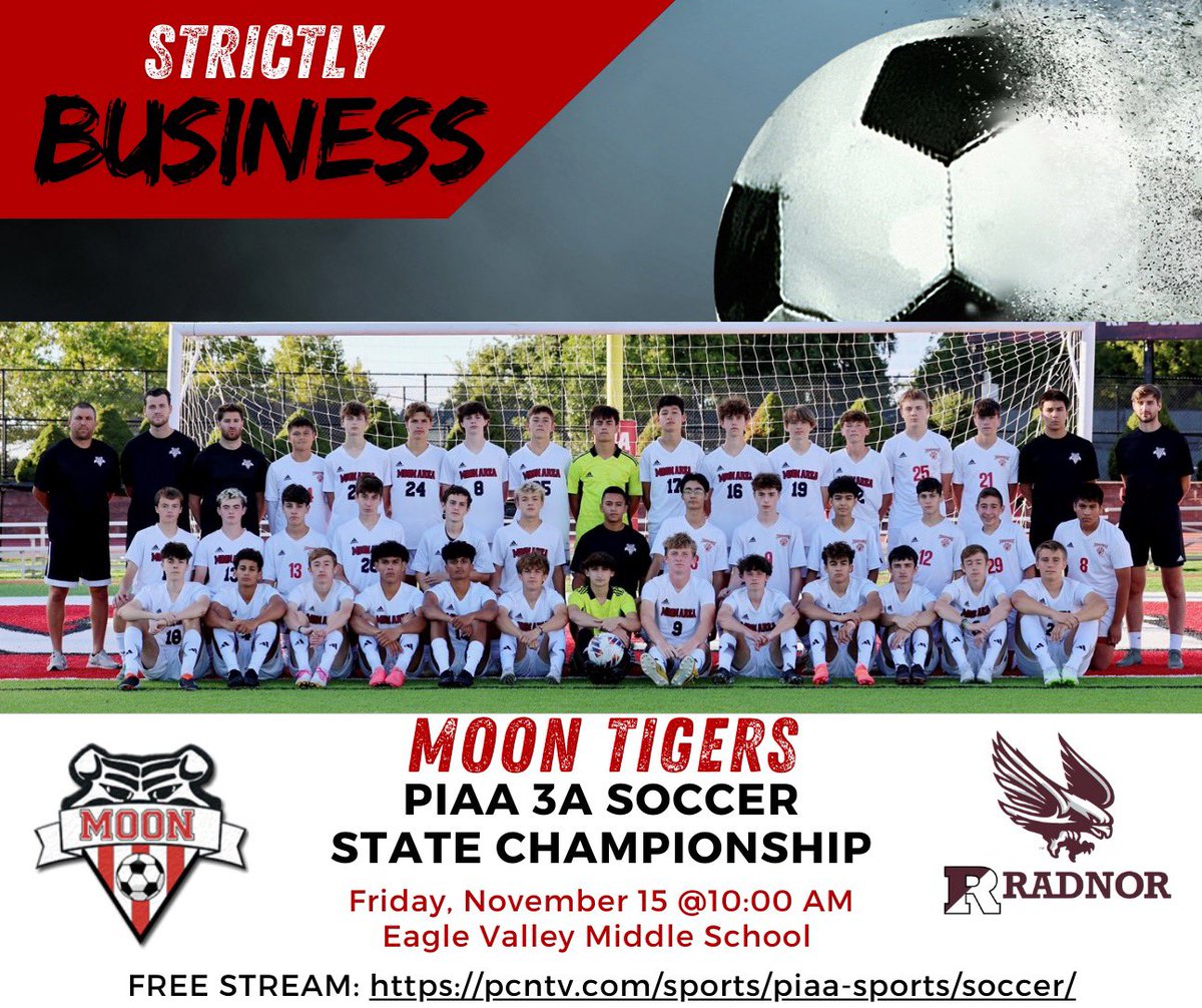 It’s GAMEDAY!!!!! Time to play for a state championship at 10am!!! Game will be broadcasted live on PCN! Let’s go! #mahs #COYT <a href="/MoonTigersAD/">Moon Area Tigers</a> <a href="/pghsoccernow/">Pittsburgh Soccer Now</a> <a href="/timesscores/">The Times Sports</a>