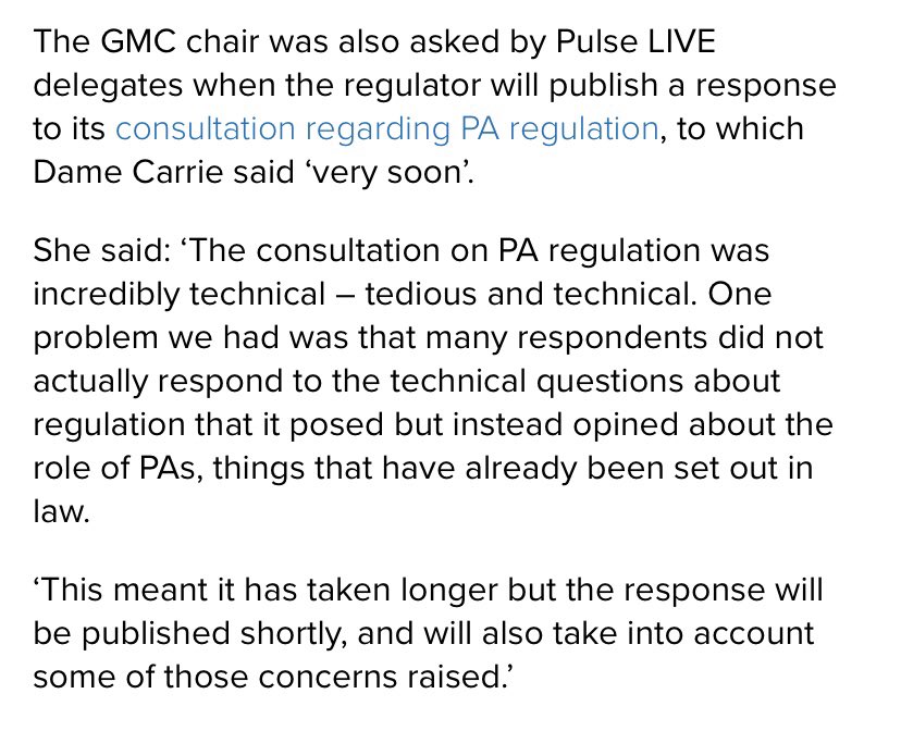 LittlePersonDoc's tweet image. The @gmcuk consultation was tedious and technical. 

I suspect deliberately so to reduce responses. 

Dame Carrie mentions the responses not answering the questions posed. 

That’s because the GMC failed to ever ask the correct questions about their planned regulation of PAs.